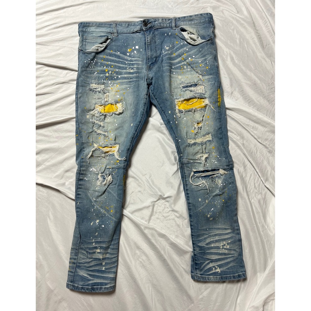 Smoke Rise Mens Distressed Paint Splatter Jeans Yellow Underlay Light Wash 44/32